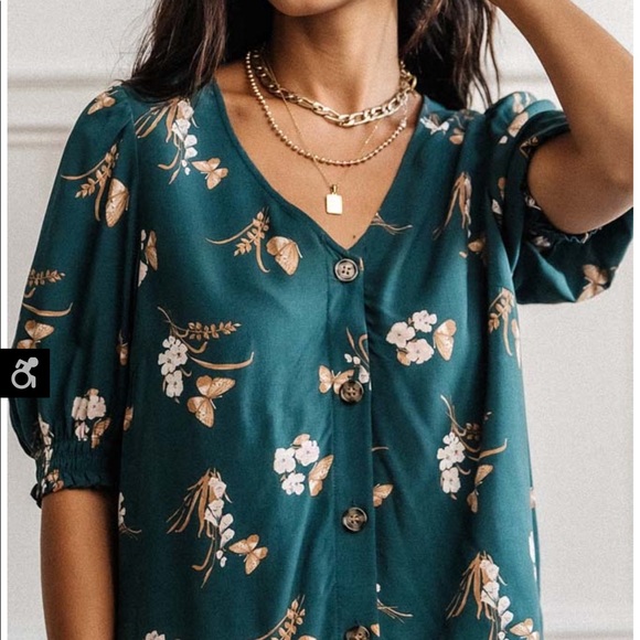 Boho Teal floral V-Neck - Picture 3 of 5